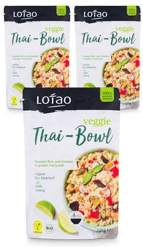 LOTAO Veggie Thai Bowl 3x220g Set Vegane Fertiggerichte | BIO-Gerichte ohne Zusätze und Soja | Schnell und praktisch: Fertigessen für Mikrowelle und Pfanne | Vegane Lebensmittel für jeden Tag