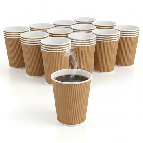 Meown 12oz Brown Ripple Paper Cups (Pack of 100), Insulated Disposable Coffee Cups for Hot & Cold Drinks, Sturdy, Leak-Resistant Takeaway Cups
