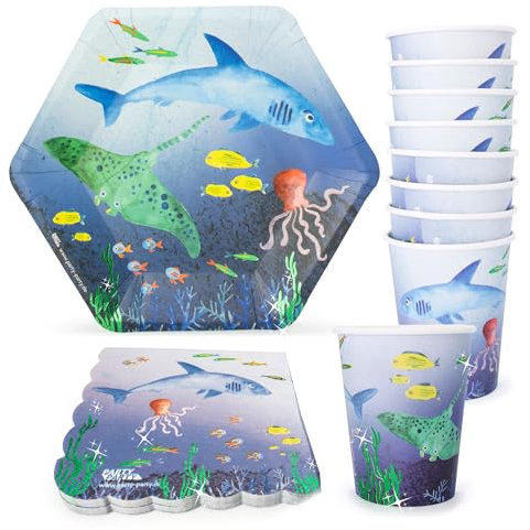 PARTY PARTY 32 Teile schillerndes Unterwasser Party Set 8 Gäste, GLITZERNDE FISCHE, Geburtstag Ozean Partygeschirr, maritime Partyteller, Pappbecher, Servietten, Tischdeko Meer, Kindergeburtstag