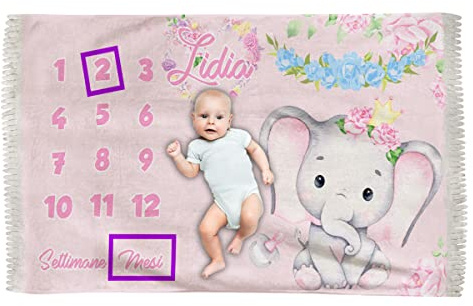 Overthetee, Copertina complimese neonata 1-12 personalizzabile con nome, 150x100 cm in pile, stampa ad alta definizione, kit riquadri incluso, idea regalo nascita