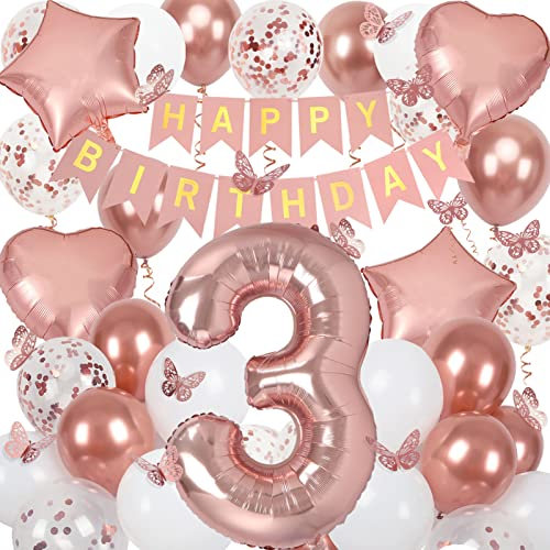 3rd Birthday Decorations for Girls, Rose Gold 40 Inch Age 3 Foil Balloons with Happy Birthday Banner and Butterfly Stickers, for Baby Shower, Girls Women Party Decorations
