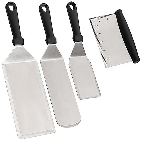 Stainless Steel Spatula Set – 4-Piece Griddle Accessories for BBQ, Flat Top Grill, and Cast Iron Cooking, Heavy-Duty Grill Spatula, Pancake Flipper, Burger Press & Scraper Professional Cooking Tools