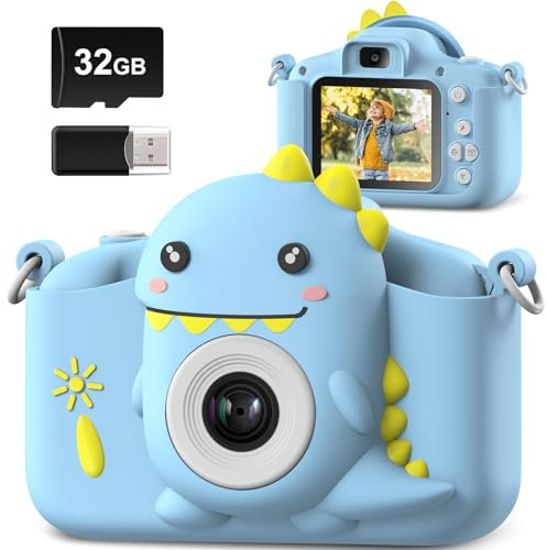 Hangrui Dinosaure Appareil Photo Enfants,Caméra Selfie Jouet Enfant, Cadeau Fille Garçon, 32 Go, Enregistreur Vidéo HD 1080p, Cadeaux d'anniversaire de Noël pour Enfants de 3 à 12 Ans-Bleu