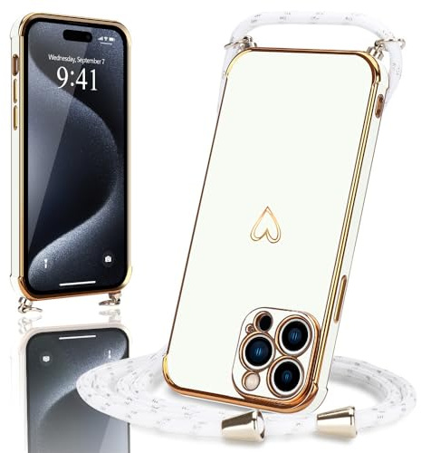 Micoden Crossbody Case for iPhone 15 Pro Max with Heart Plating-White