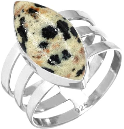 Jeweloporium Mehrfarbiger Dalmatiner-Silberring, Größe 50 (15,9), 925er Sterlingsilberring für Damen, echter Marquise-Edelstein, handgefertigter Schmuck