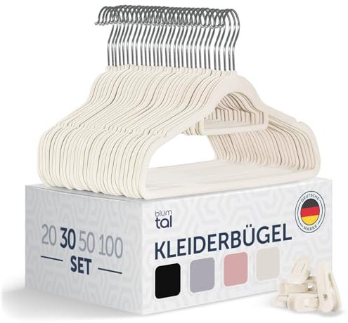 Blumtal Kleiderbügel 30 Stück mit Clips - Kleiderbügel Samt 360° drehbar und belastbar - platzsparende Kleiderbügel rutschfest - Kleiderbügel mit Klammern - Hosenbügel - Hosen Kleiderbügel Weiß