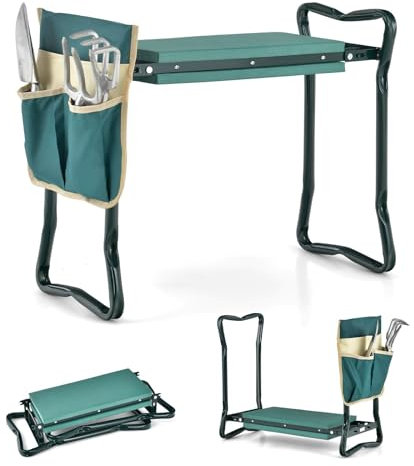 SOARS Kniebank, Gartenhocker klappbar mit Werkzeugtaschen & Kniekissen, Gartenbank bis 150 kg belastbar, Kniehilfe Knieschoner für Gartenarbeit, 58 x 27,5 x 50 cm, Grün (mit 1 Werkzeugtasche)