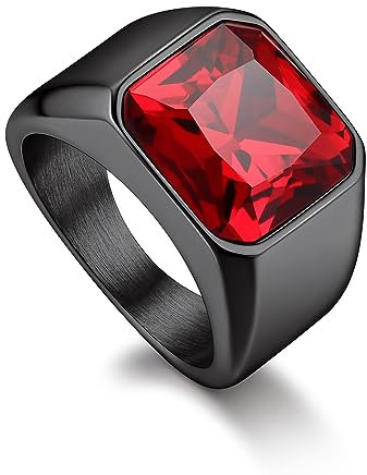 Bandmax Ring Schwarz Siegelring Ring Roter Stein Edelstahl Herren Ringe Größe 62mm Ring mit Stein 12MM breit Bandring Schmuck Accessoires