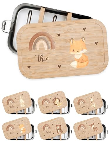Bärenfreunde Brotdose Edelstahl Kinder personalisiert, Vesperdose Holz | Süße Kindergarten Lunchbox mit Bambusdeckel oder Namen für Kleinkinder, mit Fächern graviert als Geschenk, Dino, Traktor