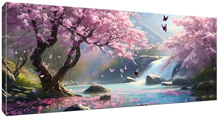 Malen Nach Zahlen Erwachsene, Kirschbaum, DIY Vorgedruckte Leinen Leinwand Anfänger Kinder Ölgemälde Kits, Home Haus Dekorieren Geschenk mit 3 Pinsel und Acrylpigment, 40x80cm (Ohne Rahmen) W-438