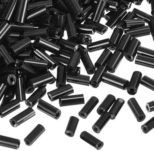 QUARKZMAN 1300Pcs Perles de Bugle Perles de Rocaille en Verre Tube, 4x1.7mm Mini Perles d'Espacement en Verre en Vrac pour Boucles d'Oreilles, Colliers, Bracelets (Noir)