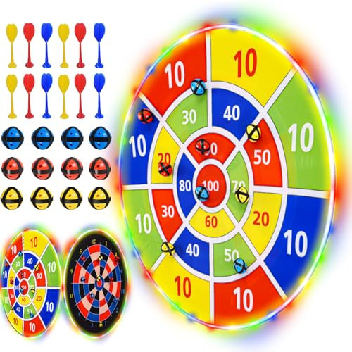 BATURU LED Dartscheibe Kinder 73 cm mit 12 Klettbällen & 12 Soft-Darts – Leuchtendes Dartspiel für Jungen & Mädchen, Indoor Outdoor Wurfspiel, Dartscheibe mit 2 Haken, Kinder