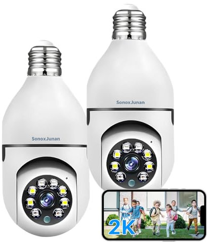 SonoxJunan 2K Light Bulb Security Camera Wireless 2PCS, 5G/2.4G WiFi Home Camera with Ai PIR Motion Detection, Color Night Vision, Auto Tracking, Smart Alarm, Two-Way Audio, SD Card/Cloud Storage