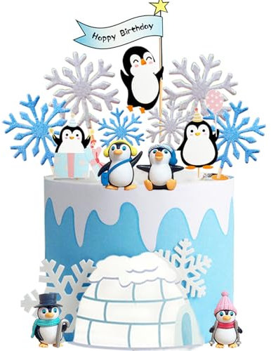 Doyomtoy Pinguin Kuchendekoration,Tortendekoration 14Stück Mini Pinguin Figuren Weihnachten Cake Topper Schneeflocke Cupcake Topper Winter Weihnachts Tortendekoration Dekorationen für Kindergeburtstag