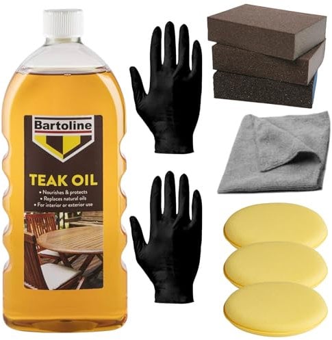 Bartoline Teak Oil Bundle - Teak Oil for Garden Furniture with Applicator Pads, Sanding Blocks, Microfiber Cloth, and Gloves - Perfect Wood Oil and Wood Sealer for Indoor & Outdoor Use