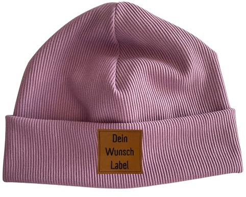 Herbst Winter Beanie Mütze für Kinder aus Rippjersey Kindermütze mit Kunstleder Label 23 Farben Mädchen Junge Baby Kleinkind personalisiert Babymütze Weihnachtsgeschenk (16 - Alt Flieder)