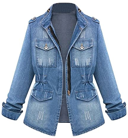 Women's Denim Jacket Zip Waisted Tops Classic Long Jean Jacket Loose Long Sleeve Button Down Washed Detail Ladies Trucker Western Design Casual Turn Down Collar Stretch Autumn Winter UK