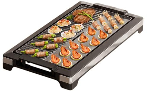 hxoity Large Indoor Tabletop Smokerless Electric Barbecue Grill 2000W Electric BBQ Grill Adjustable Temperature Control Knob Extra Large Cooking Area with Food Grade Non-stick Surface Baking Pan
