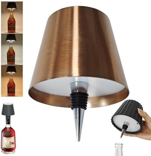 Cute LED Wine Bottle Lamp,3 Color Wireless Bottle Table Lamp, Touch Control Wine Night Light, Rechargeable Led Bedside Lamp, Embed Portable Bottle Lights for Livingroom/Restaurant/Bar (Rose Gold)