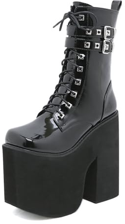 FQMAYPO Stivali da Donna Allacciare Grosso Tacco Medio Goth Platform Boots Stivali da Combattimento Gotici con Cerniera Laterale Punk Cosplay Autunno Inverno Stivaletti Scarpe,Nero,41 EU