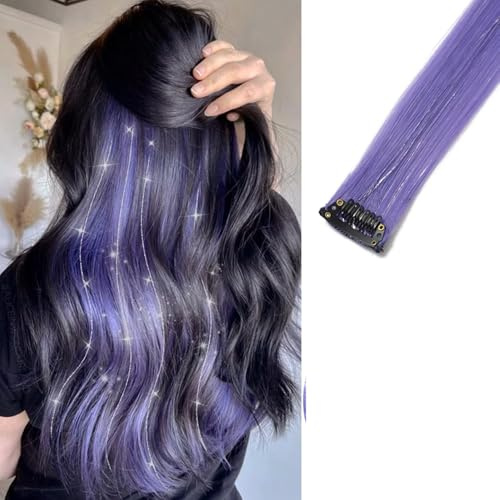 2 x Clip-In Hair Extension Highlights Streaks, Colourful Hair Highlights (Sparkle Dark Purple)