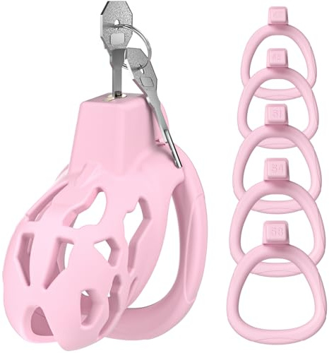 Penis Cage Pink Peniskäfig Mittel Hohldesign Harz Cock Cage | Hohldesign Peniskäfig aus Harz mit 5 Penisringen, Mittelgröße für Männer BDSM und Chastity Cage