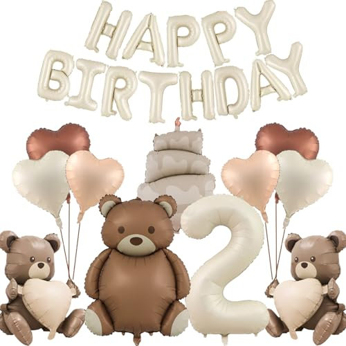 DazzJoy Bär Geburtstagsdeko 2 Jahre Junge, Luftballon 2. Geburtstag Junge Mädchen, Bären Happy Birthday Ballon 2 Geburtstag Deko, Luftballons Geburtstag 2 Jahre Junge, Bär Deko 2. Geburtstag Junge