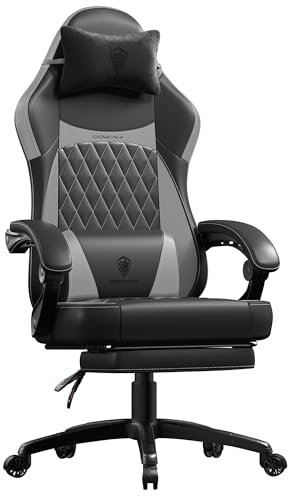 Dowinx Gaming Stuhl Racing Gamer Stuhl, Ergonomischer Gaming Sessel mit Lendenwirbelstütze, Gaming Chair PU Leder 150KG, Schwarz Grau