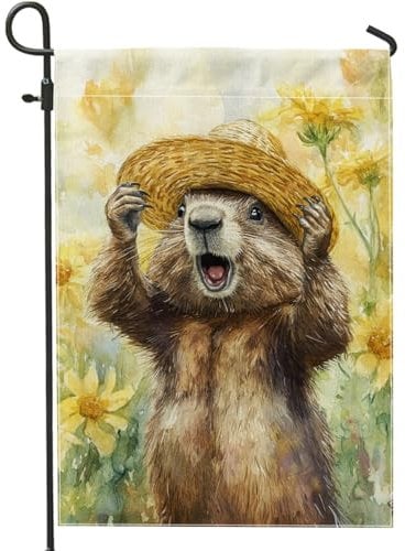 Rustikale Sommerflagge, niedliches Murmeltier im Strohhut, Heimdekoration, Outdoor-Flagge, doppelseitige Jute-Hofflagge, saisonale Party, Rasen-Dekoration, 30,5 x 45,7 cm