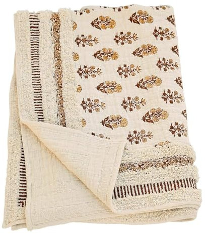 Loberon Plaid Arsalan, Getuftete Fransen-Verzierung, Florales Printmotiv, Rückseite mit Texturierter Musterung, Wohntextilien, Wohndecke, Baumwolle, Creme/braun