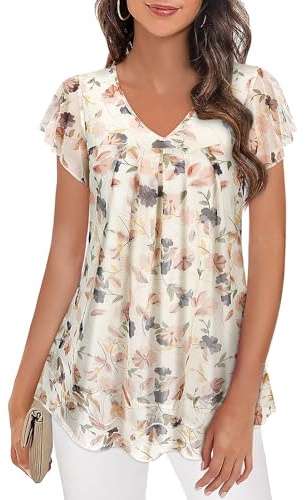 Syphiby Womens Dressy Tops Ruffle Short Sleeve Chiffon Blouses V Neck Summer Casual Top Loose Fit Double Layered Tunic Top for Leggings Party Evening Holiday Oufit Long Shirts