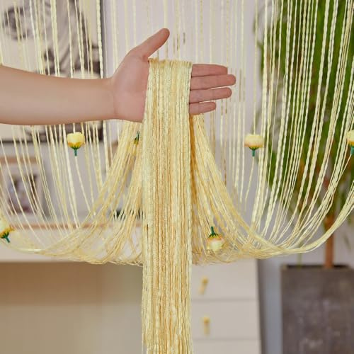 Surwin String Curtains for Doors Fly Screen Rose Flowers, String Bead Curtain Room Divider Beads Door Window Hallway Tassel Doorway Living Room Bedroom Home Decor (Yellow,3x3m)