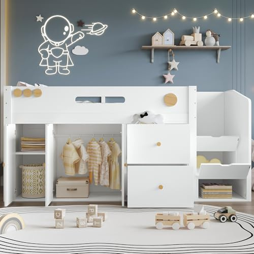 HESHU Kinderbett 90x200cm mit Kleiderschrank, 2 Schubladen und Treppen, Multifunktionales Hochbett für Kinder Mädchen Jungen, Einzelbett Rausfallschutz ohne Matratze