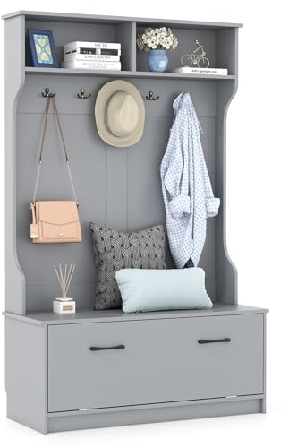 GOPLUS Guardarropa Perchero con Taburete de Almacenamiento, 100 x 40 x 160 cm, Armario Multifuncional con 5 Ganchos Dobles Perchero Independiente para Entrada Dormitorio (Gris)