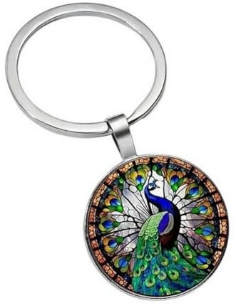 Schlüsselanhänger Taschenschmuck Cabochon elegant Vogel Pfau aus Stahl