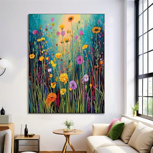 Moderne Bilder Wohnzimmer Poster 80x120cm Hochformat, Natur Blumen Gras Wildblumen Mehrfarbig Leinwand Bilder Deko, Wandbilder für Wohnzimmer Schlafzimmer Ohne Rahmen