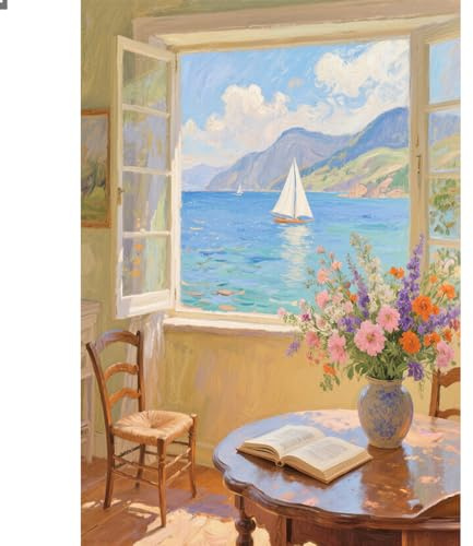 DCIDBEI Diamond Painting Fensterbilder 40x50cm 5D Diamant Painting Bilder landschaft Strand und Meer Segelboot Segelschiff DIY Stickerei Diamant Malerei Kits Fenster Bilder Blumen Vase