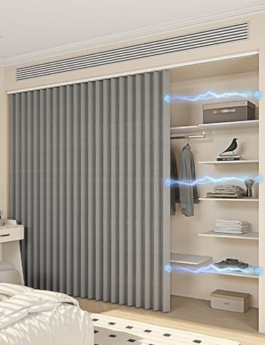 Aeovot Rideau Armoire Dressing Rideau Cache Placard sur Mesure avec Rail Coulissant - Meuble Rideau Cuisine Imperméable Anti-Poussière Rideaux D'armoires pour Étagères sous Evier(Gris)