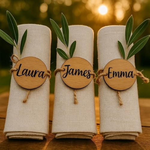 Runder Serviettenring Aus Holz Mit Namensgravur, Personalisierte Tischkarte Gravur, Anhänger Naturholz Hanfseil-Verzierung for Hochzeiten, Jubiläen Und Weihnachten(10pcs)