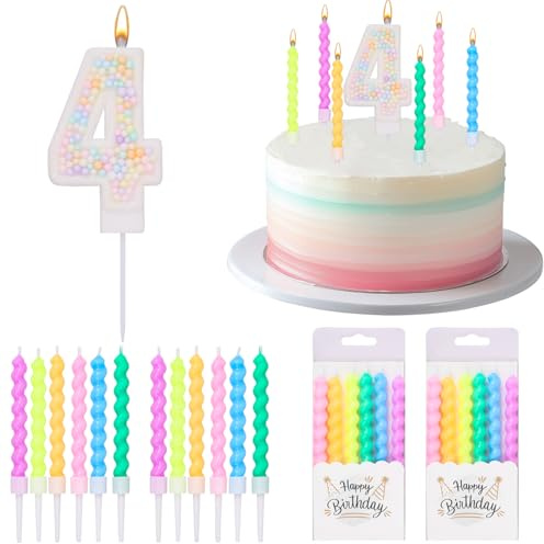 Rdlobu Geburtstagskerzen Bunte Kerzen Kuchen, Zahlen 4, 13 Stück | Helical Kerzen Geburtstag, Tortenkerzen für Jungen Mädchen Geburtstagskerze Torteparty Deko