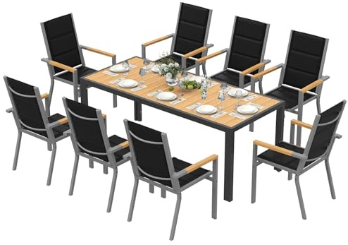 Devoko Salon de Jardin Exterieur 8 Personnes, HDPS Table de 189 cm et 8 Chaises Empilable d'Extérieur en Aluminium Durable, Design à Veine de Bois, Idéal pour Cour, Terrasse ou Bord de Piscine,Naturel