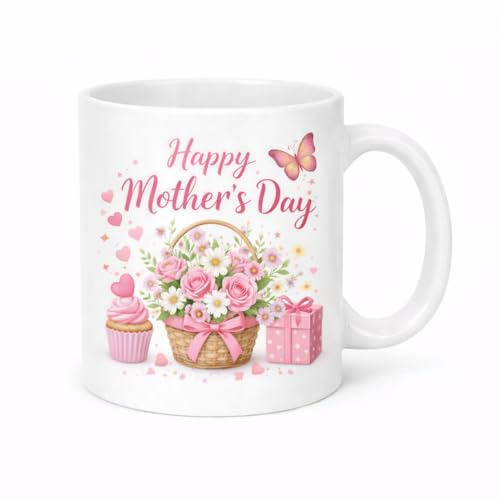 Vacso Trading Happy Mother’s Day Floral Basket Mug – Cute Pink Flower Coffee Cup for Mum | Butterfly & Gift Design Mother’s Day Mug | Sweet Tea Mug Gift for Mum, Mom, Mama