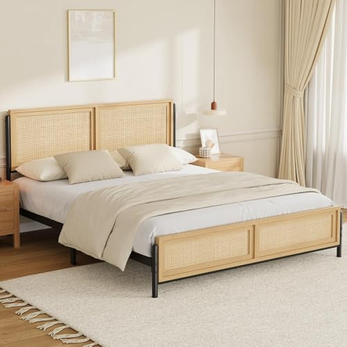 Garvee Rattan Bett 140x200cm mit Kopfteil, Metallbett Full Size Bettgestell Boho Stil, Stabiles Doppelbett mit Stauraum unter dem Bett, Belastbar bis 360kg, Natur & Schwarz