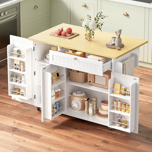 Ktipm Isla Cocina con Ruedas y Encimera Plegable, Mueble Auxiliar de Cocina con 3 Cajones y 1 Puerta, Isla de Cocina con Estantes Ajustables y Toallero, 137x45-70x92 cm, Natural+Blanco