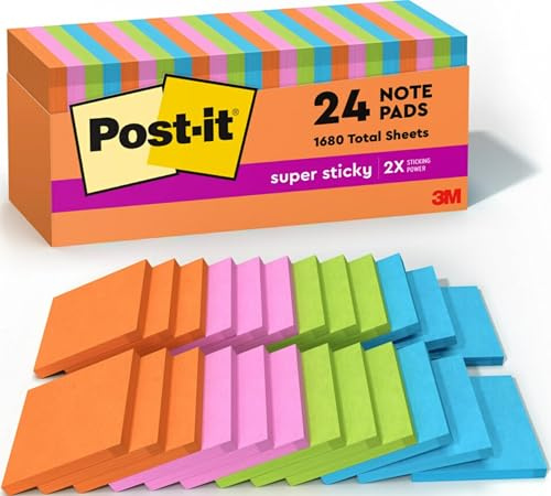 Post-it Super Sticky Notes, 24 Sticky Note Pads, 3 x 3 in., School Supplies, Office Products, Sticky Notes for Vertical Surfaces, Monitors, Walls and Windows, Energy Boost Collection