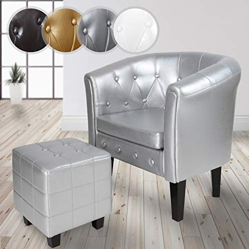 MIADOMODO 𝗠𝗜𝗔𝗗𝗢𝗠𝗢𝗗𝗢® Chesterfield Sessel mit Hocker - aus Holz und Kunstleder, Kupfernieten, Farbwahl - Loungesessel inkl. Sitzhocker, Clubsessel, Armsessel, Cocktailsessel (Silber)