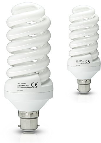 2 x 35w Energy Saving Spiral Light Bulb Warm White 175w Equivalent Very Bright, Bayonet Cap B22, New Advanced T3 Technology Instant Light