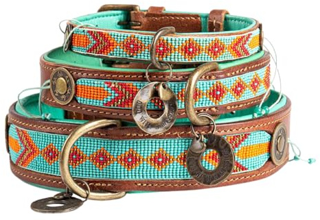 Dog with a Mission - Hundehalsband L | Farbenfroh Türkis, Orange mit Perlen | Boho, Ethno, Ibiza, Hippie | Große Hunde | Handgemacht | Modisch und Bunt | Aus weichem Echtes Leder | 4 cm Breit