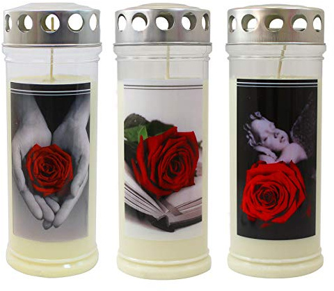 JEKA Kerzen GmbH Gedenkkerzen Grablichter mit Motiv Rose 3er Set ca. (ØxH) 75 x 170 mm