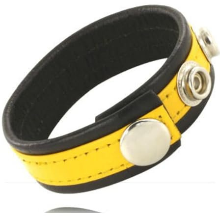 LEATHER BODY COCK AND BALL STRAP WITH SNAPS - BLACK AND YELLOW